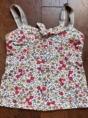 Anthropologie Tie Neck Flower Tank XS Buttons Ribbon Straps Whimsical Cute